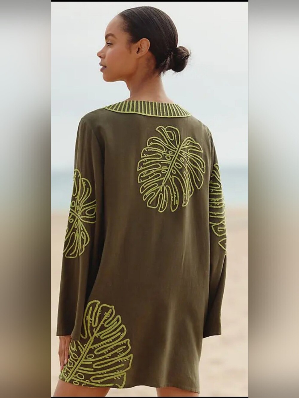 Anthropologie Celandine Linen Blend Palm Leaf Mini Kaftan Dress Size XS/S Boho - Picture 2 of 9